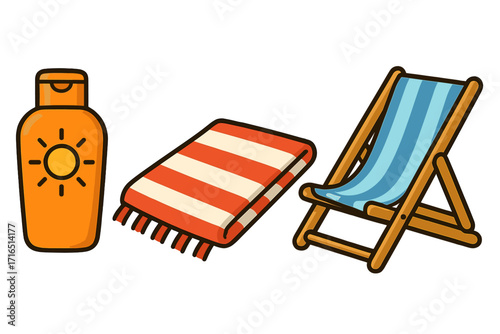 Summer beach essentials icon set. Vector cartoon illustration of sunscreen, beach towel, and deck chair. Holiday vacation items for relaxation, sunbathing, and travel.
