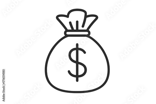 Money bag with dollar sign icon. Vector line art illustration for finance, business, and banking themes. Symbol of wealth, savings, investment, cash, and profit. Simple sack of money.
