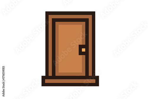 Pixel art door vector icon. 8-bit retro game asset. Cartoon illustration of a wooden entrance. House element concept of opportunity, mystery, choice, exit or new beginning.