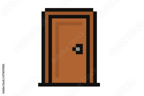 Pixel art door vector illustration. 8-bit game sprite icon of a closed wooden entrance or exit. Retro gaming asset for level design. Secret room or new opportunity concept.