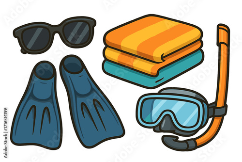 Summer vacation beach essentials set. Snorkeling gear collection. Vector cartoon illustration of diving mask, snorkel, flippers, sunglasses, towels. Sea holiday travel icons.
