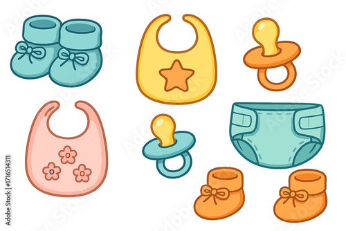 Baby booties, pacifiers, bibs, and diapers collection. Playful cartoon vector illustration of newborn baby essentials. Colorful infant accessories set for nursery, care, feeding, and comfort isolated.