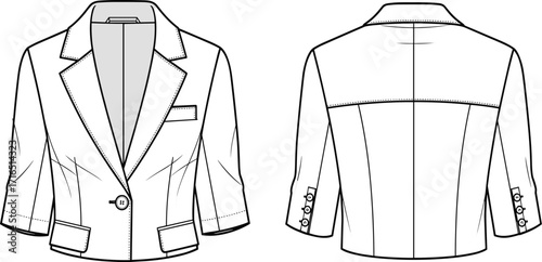 Women’s blazer jacket technical flat fashion vector, front and back views with notched lapel, pockets, seams, and three‑quarter sleeve details