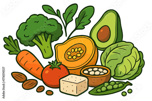 Healthy food collection with fresh organic vegetables for a vegan or vegetarian diet. Plant-based protein sources like tofu, nuts, and legumes. Nutrition concept cartoon vector.