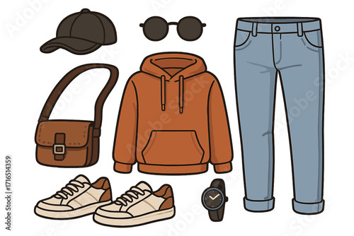 Casual clothing set flat lay. Men's fashion outfit with hoodie, jeans, sneakers, and accessories. Vector cartoon illustration for wardrobe, style, and everyday wear concept.