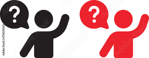 question mark, speech bubble, icon, symbol, person, people, asking, thinking, confused, information, help, support, inquiry, query, dialogue, communication, black, red, white background, flat design, 