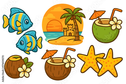 Summer vacation beach elements set. Tropical travel icons collection. Cartoon vector illustration with fish, coconut cocktail, palm tree, sandcastle, starfish, and sunset.
