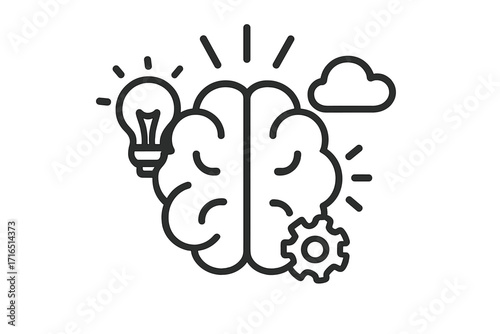 Creative idea and logical thinking process concept. Brain with light bulb for innovation and cogwheel for analytical problem-solving. Metaphor for brainstorming and mental strategy.