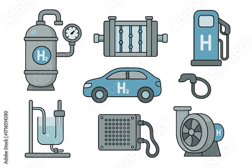Hydrogen Fuel Technology Vector Icons. Cartoon Set of Hydrogen Car, Tank, Compressor, Electrolyzer, Fuel Cell, Station, Nozzle, Energy Equipment. Clean Energy, Renewable Transport, Industrial Concept