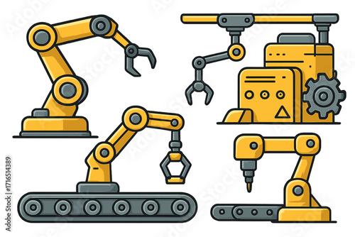 Industrial robotic arms automation, conveyor belts, machine parts, manufacturing process robotics, assembly line technology, factory equipment, cartoon vector illustration, transparent background