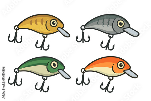 Colorful wobbler crankbait fishing lure set vector cartoon illustration, isolated equipment icon collection for angling, freshwater tackle assortment, hooks, decorative bait transparency background