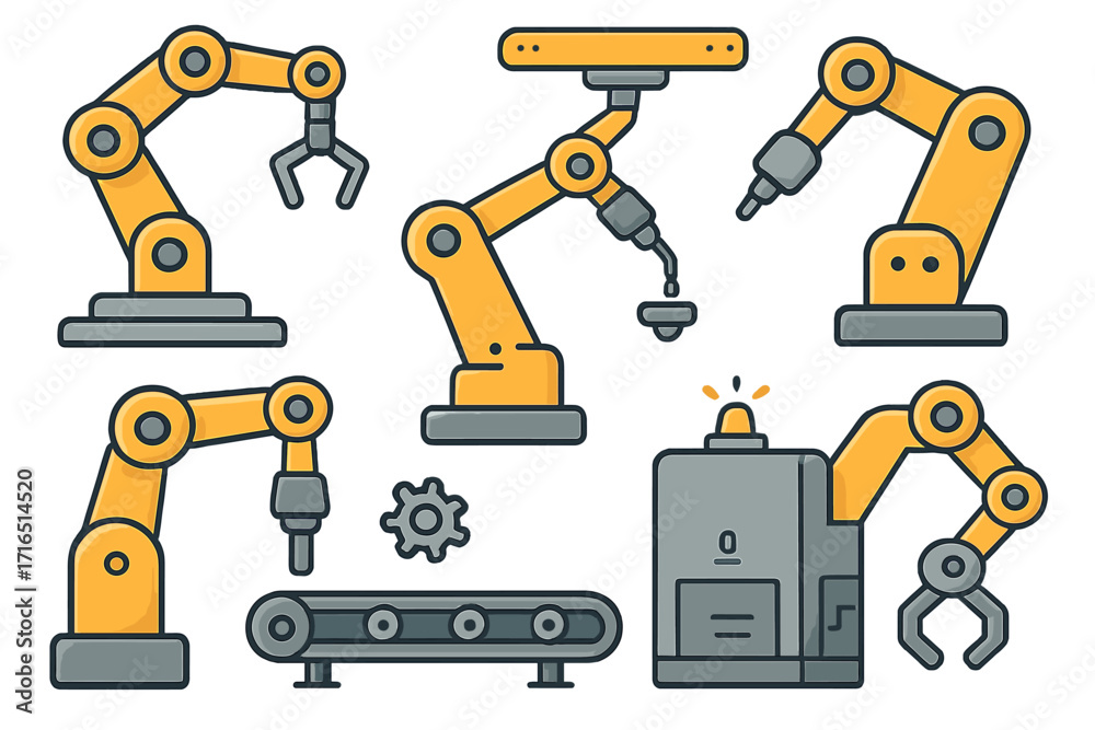 Fototapeta premium Various robotic arms conveyor belts machine parts automation industrial manufacturing processes technology factory production line vector cartoon illustration transparent background