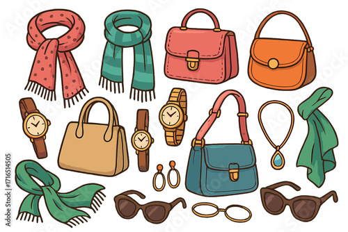 Vector set of women's fashion accessories. Doodle cartoon collection of handbag, purse, scarf, watch, sunglasses, jewelry. Isolated design elements for style and beauty.