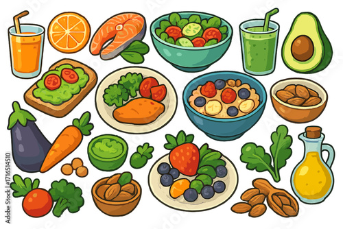 Healthy food icon set. Vector cartoon collection of balanced diet meals. Nutrition concept with fish, salad, fruit, vegetable, smoothie for wellness and clean eating.