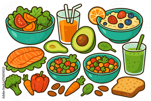Healthy food set for balanced diet and nutrition. Vector icons of salad, salmon, avocado, smoothie, and breakfast oatmeal. Wellness and clean eating concept illustration.
