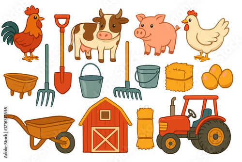 Big farm collection with cute cartoon animals, tractor, barn, and agricultural tools. Vector illustration set with cow, pig, chicken, rooster, shovel, and hay for kids.