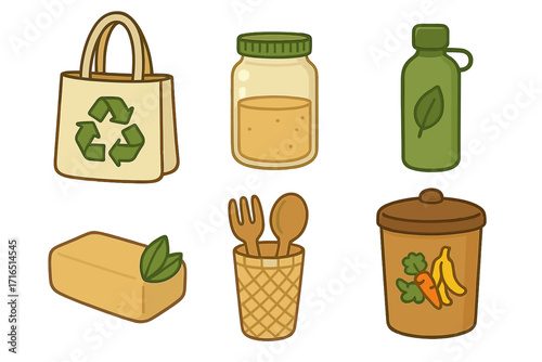 Zero waste lifestyle elements set. Eco friendly and sustainable living objects collection. Reusable bag, bottle, cutlery, compost bin. Plastic-free vector illustration.