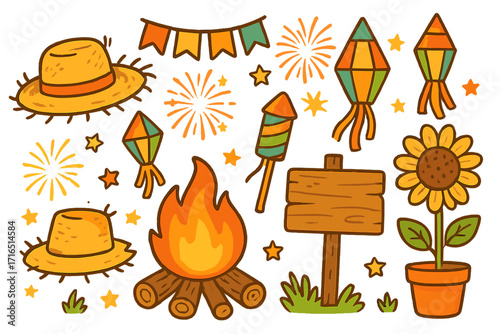 Festa Junina vector illustration set. Brazilian June Festival cute cartoon clipart. Collection with bonfire, straw hat, lantern, fireworks for São João celebration design.