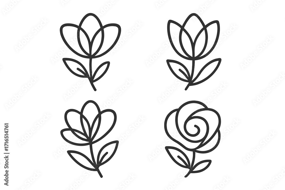 Fototapeta premium Flower icon set line art. Minimalist floral logo collection. Abstract botanical plant symbols. Simple rose and tulip outline vector illustration. Modern elegant nature design.