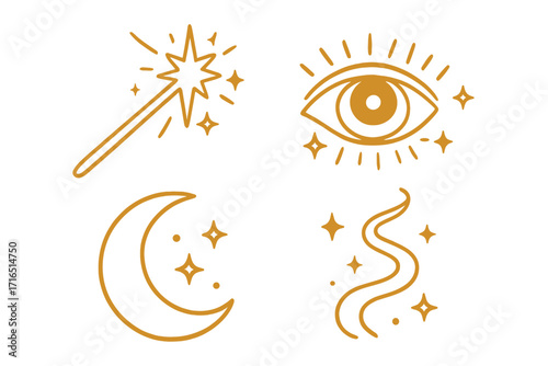 Magic celestial vector icon set. Mystical boho line art collection with golden spiritual symbols like magic wand, evil eye, crescent moon, stars. Esoteric witchcraft elements.