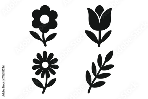 Flower icon set with branch symbol. Black silhouette collection of floral graphic elements. Vector cartoon illustration of tulip, daisy, and leaf for botanical design.
