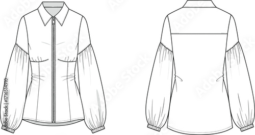 Women’s fashion blouse flat sketch vector illustration with zipper front, long puff sleeves, elastic cuffs, princess seams, and back yoke
