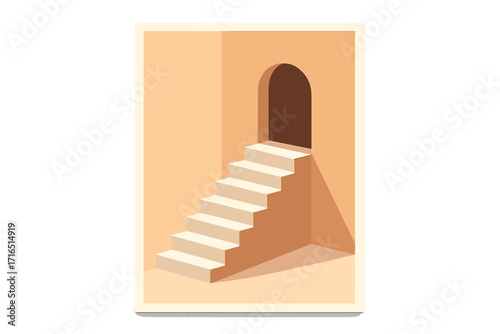 Abstract architecture with stairs leading to an arched door. Minimalist geometric art. Metaphor for journey, opportunity, future, path, challenge, and success. Vector.