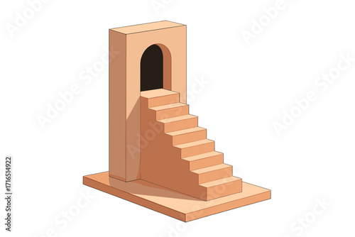 Stairs leading up to a mysterious dark arch door. Concept of progress, career ladder, steps to success, and opportunity. Minimalist 3D isometric architectural vector.