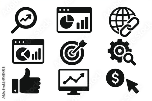 SEO and digital marketing glyph icon set. Business analytics, data analysis, financial growth, target achievement. Website optimization, pay per click, backlink strategy concept.
