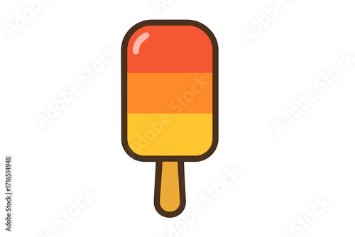 Popsicle icon with fruit ice cream on a stick. Flat cartoon vector illustration. Frozen juice dessert for summer food concept. Refreshment treat. Layered sorbet ice pop design.