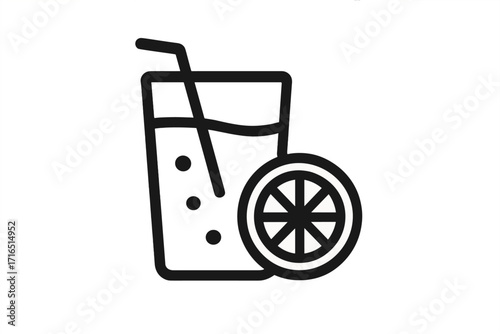 Lemonade juice line icon. Fresh citrus drink in glass with straw. Summer cold cocktail symbol. Refreshing beverage concept for menu, web, app. Healthy fruit vector logo.