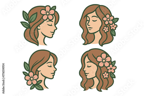 Woman face with flowers logo set for beauty salon, spa, cosmetics. Vector female head illustration. Natural organic brand icon collection. Feminine hair care or skin care symbol.