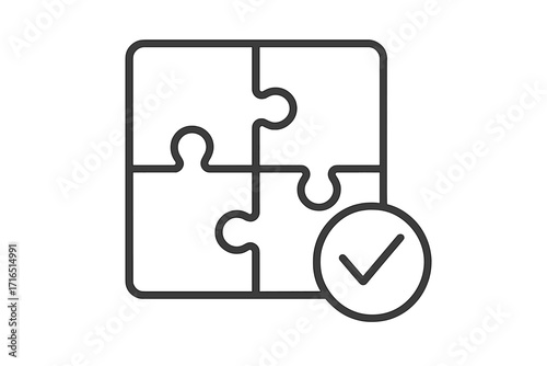 Puzzle solution icon with checkmark. Jigsaw pieces together. Metaphor for problem-solving, teamwork, success. Completion, achievement concept. Approved strategy vector.