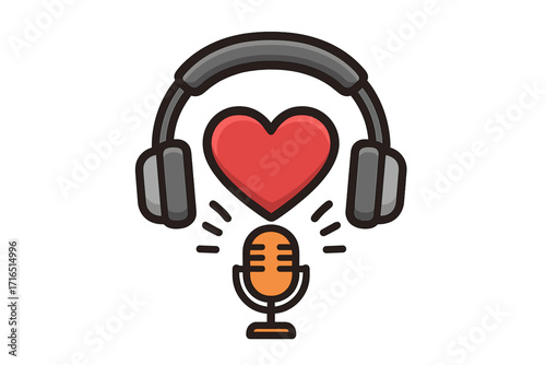 Love story podcast logo concept vector illustration. Heart with headphones listening to a microphone. Icon for music, radio show, broadcast, dating, or relationship talk.