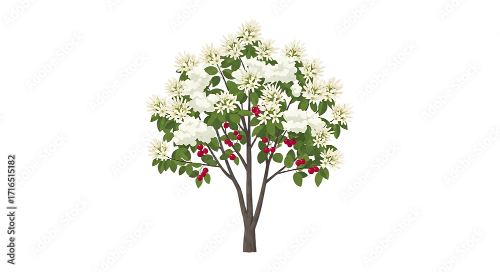 Obraz premium Digital Illustration of a Flowering Tree with White Blossoms and Red Berries.