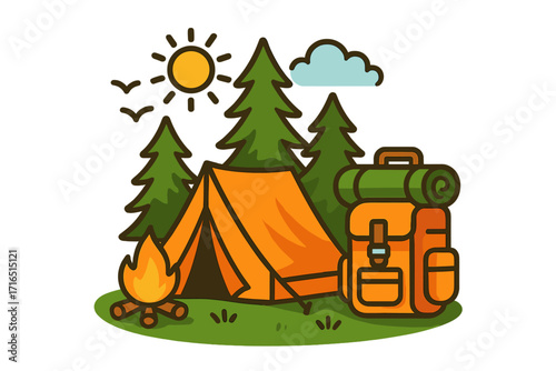 Summer camp adventure illustration. Camping in forest with tent, backpack, and campfire. Outdoor nature hiking and travel concept. Vector landscape for tourism and recreation.