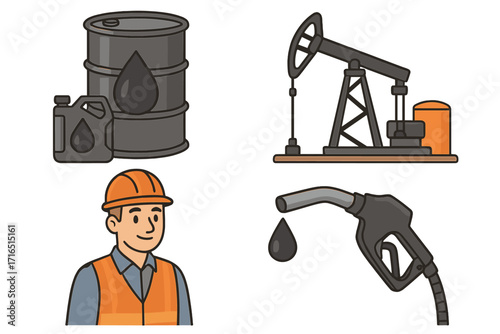 Oil industry icon set. Gas production business. Petroleum extraction. Fuel energy concept. Crude oil barrel, pumpjack rig, engineer worker, gasoline nozzle vector collection.