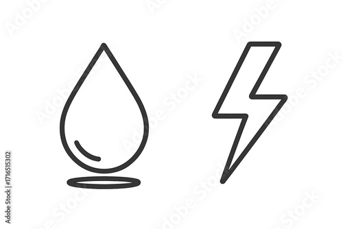 Hydropower icon set. Water drop and lightning bolt. Green energy. Renewable resource. Clean electricity generation. Sustainable power symbol. Hydroelectric power line art.