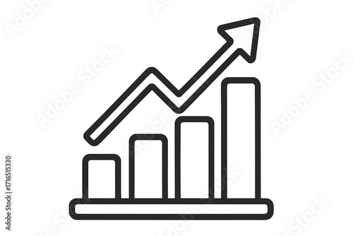 Growth icon with arrow over bar chart. Business success, financial progress concept. Statistic data analysis symbol. Profit increase infographic design. Market trend vector.