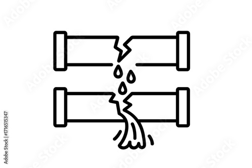 Broken pipe icon set. Water leak and burst pipeline concept. Plumbing problem, damage, and emergency repair. Dripping and gushing water flow from cracked tube. Vector.