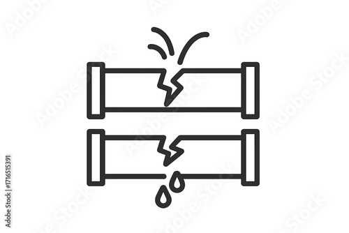 Broken pipe icon set. Water leak and burst pipe pictogram. Plumbing problem, damage, and emergency repair concept. Vector line art illustration for pipeline service.
