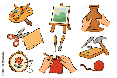 Set of craft and hobby icons. Vector cartoon collection of creative activities: painting, pottery, knitting, embroidery, sewing, woodworking. Handmade DIY leisure concept art.