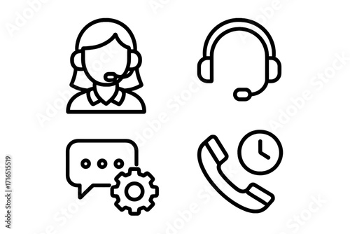 Customer support icon set. Call center agent with headset. Helpdesk, technical assistance, and 24/7 service line icons. Vector illustration for contact us page web design.