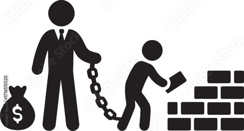 business, finance, labor, mining, building, construction, wall, chain, ball and chain, debt, slavery, worker, boss, employee, money bag, dollar sign, illustration, icon, silhouette, black and white, g