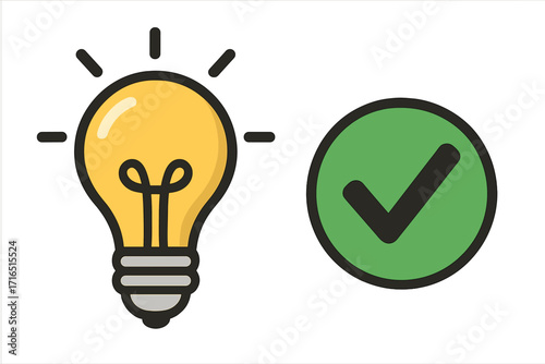 Light bulb icon with check mark symbol. Concept of a great idea, approved solution, and successful innovation. Creative thinking, problem-solving, and validation complete.