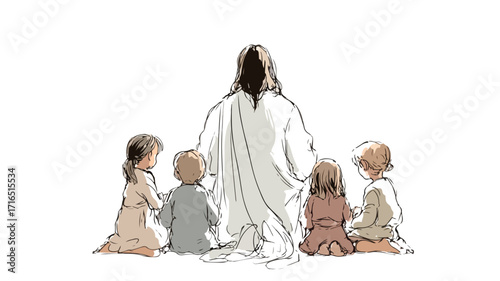 Serene Scene of Jesus and Children Characters Vector Illustration