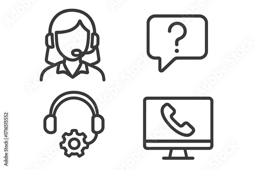 Customer support icon set. Call center agent, helpdesk service, tech support hotline, and FAQ line art symbols. Vector illustration for contact us and communication.