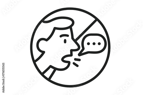 No talking vector icon. Keep silence symbol. Prohibited speaking and coughing sign. Stop gossip and shouting. Quiet zone pictogram. Mute communication concept illustration.