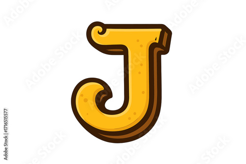 Letter J cartoon alphabet for kids. Yellow 3D font initial for logo design. Bold typography vector illustration. Funky retro typeface character. Western or cheese style letter.