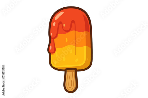 Ice cream popsicle vector icon. Cartoon fruit juice ice lolly on a stick with melting glaze. Summer dessert food concept. Sweet frozen snack for hot weather. Colorful clipart.